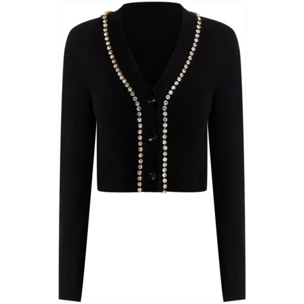 Luxurious 100% Cashmere V Neck Cardigan with Rhinestone Detail By Aqua in Black